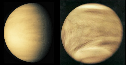 Venus in visible band 
(left) and UV band (right)